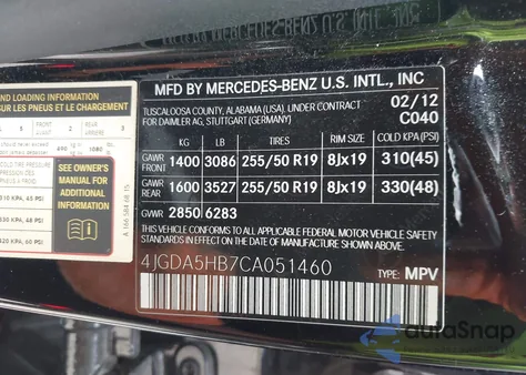 2012 Mercedes-Benz Ml 350 4Matic from USA, damaged, VIN 4JGDA5HB7CA051460